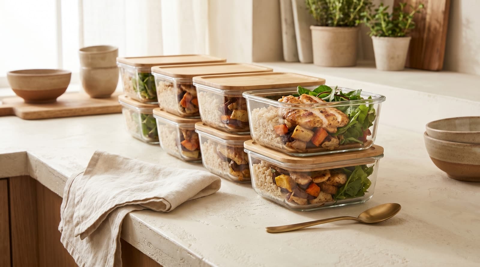 A neat row of glass meal-prep containers on a cream kitchen counter, each with rice, roasted vegetables, grilled chicken and leafy greens