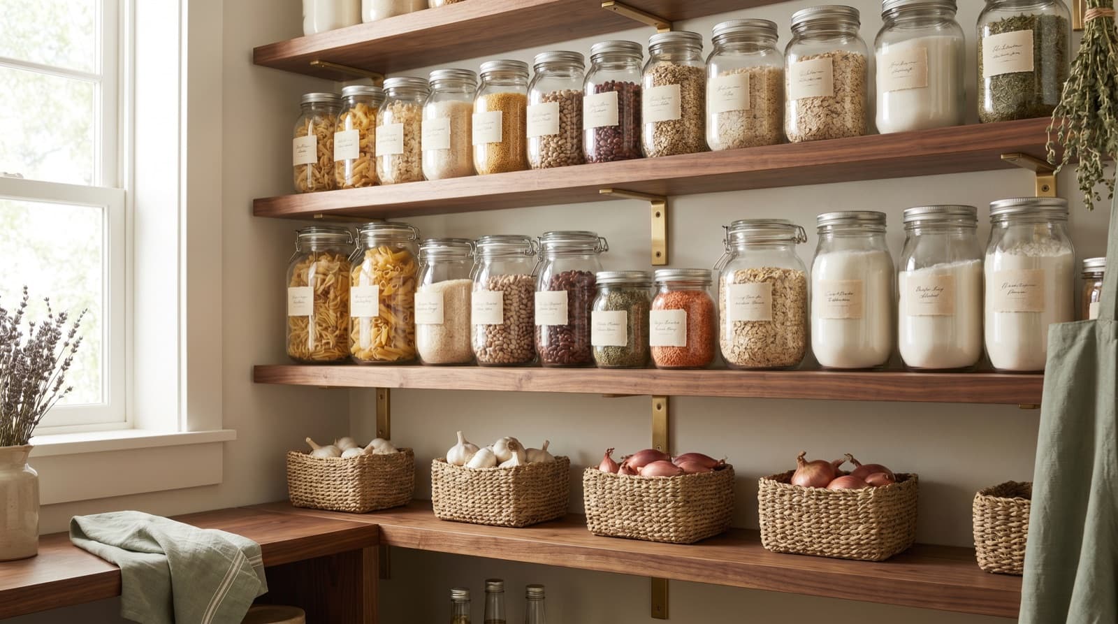 Beautifully organized open pantry shelves with rows of clear glass jars containing pasta, rice, dried beans, lentils, oats, sugar and flour, on warm walnut shelving
