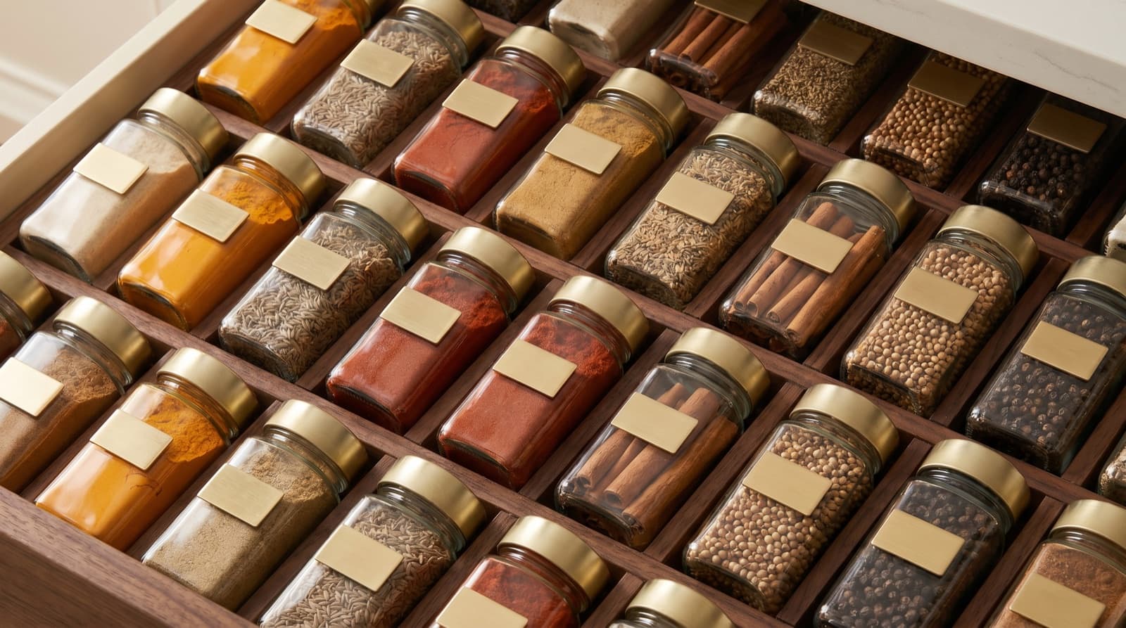 A close-up of an organized spice shelf with uniform clear glass jars of turmeric, cumin, paprika, cinnamon, coriander, and peppercorns, with brushed brass labels
