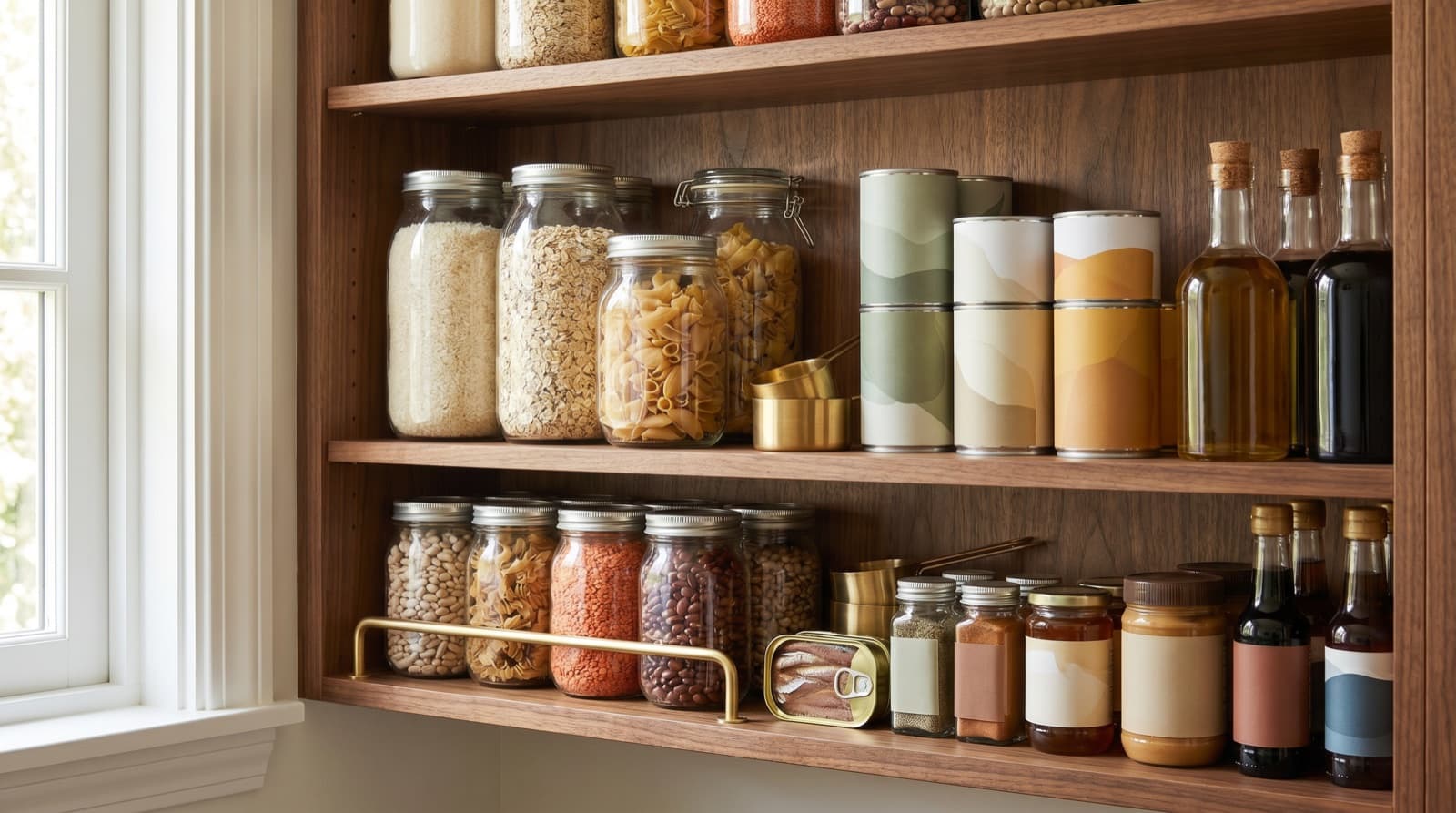 A warm walnut pantry shelf packed with cooking essentials — tinned tomatoes, dried pasta, rice, oats, beans, olive oil, vinegars, soy sauce