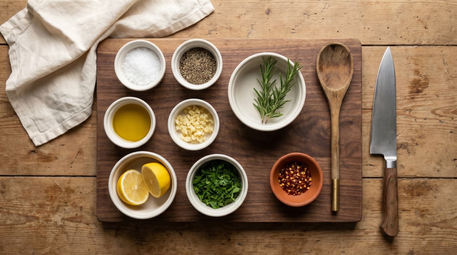 A chef's mise en place — small white ceramic ramekins with salt, pepper, olive oil, garlic, parsley, lemon, rosemary, and chilli flakes on a wooden board