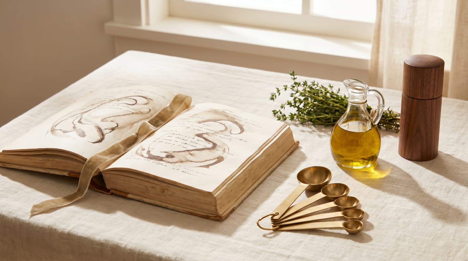 An open hardcover cookbook on cream linen with a velvet bookmark, brass measuring spoons, an olive oil cruet, fresh thyme, and a wooden pepper mill