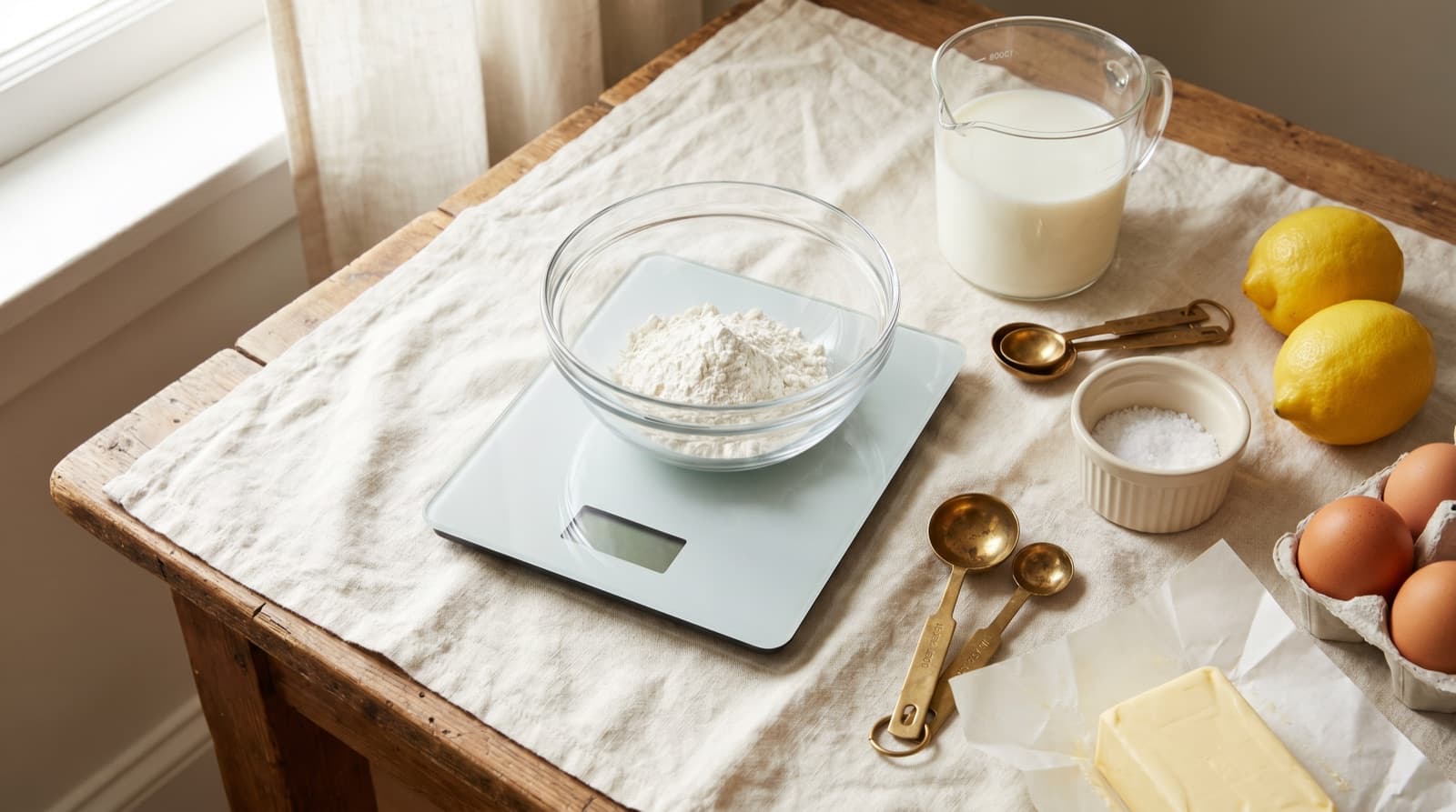 A modern kitchen scale with a glass bowl of flour, a tall measuring cup with milk, brass measuring spoons, salt, lemons, eggs, and butter on cream linen