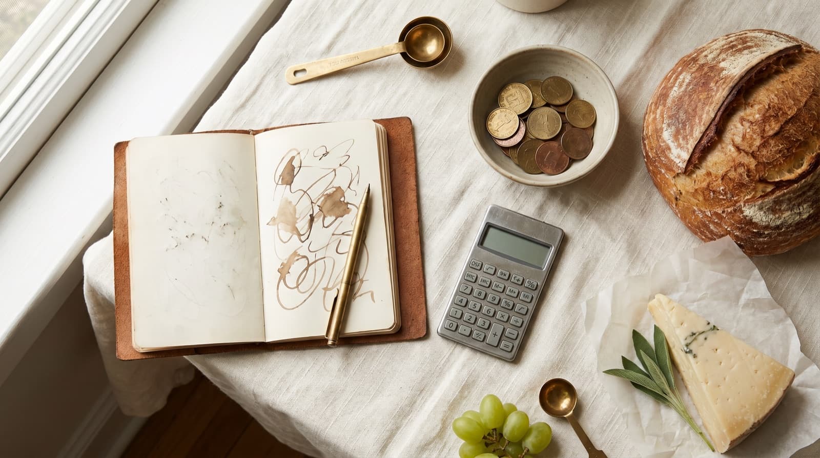 An overhead conceptual budget composition — a leather notebook, a calculator, a brass pen, a small bowl of coins, sourdough, cheese and grapes on cream linen