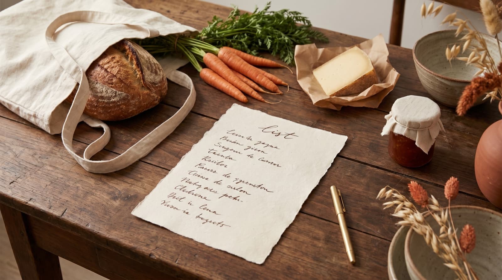 A handwritten shopping list on a rustic wooden table beside a cream linen tote bag full of bread, vegetables, cheese and jam