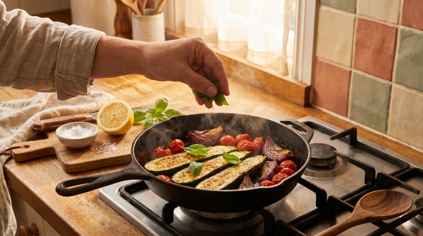 A weeknight meal coming together on a stove — a cast iron pan with golden roasted vegetables, fresh basil being scattered, halved lemon ready to squeeze, with steam rising softly