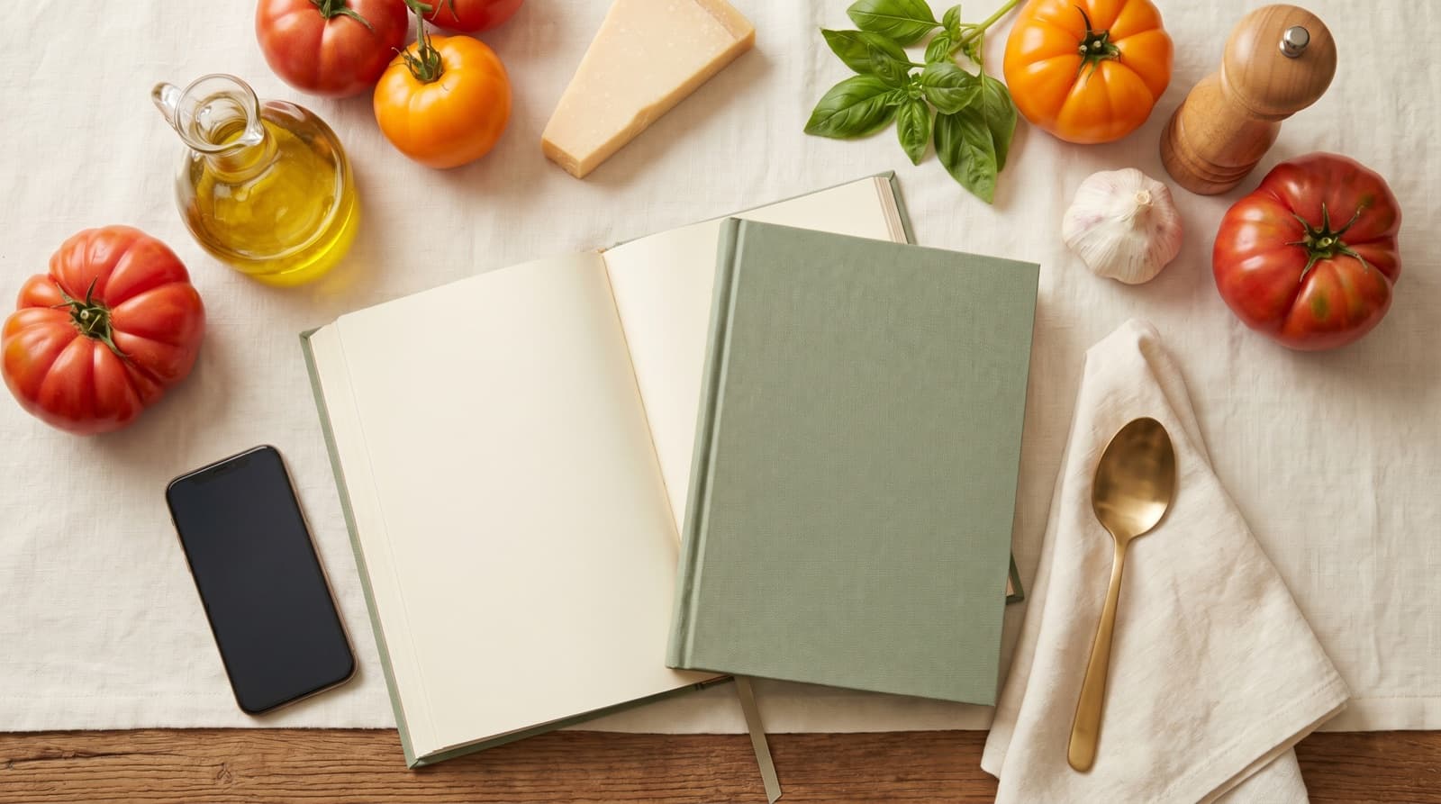 Editorial flat-lay of an open cookbook on a cream linen tablecloth surrounded by fresh tomatoes, basil, olive oil and parmesan, a smartphone face-down beside it suggesting a saved Instagram recipe
