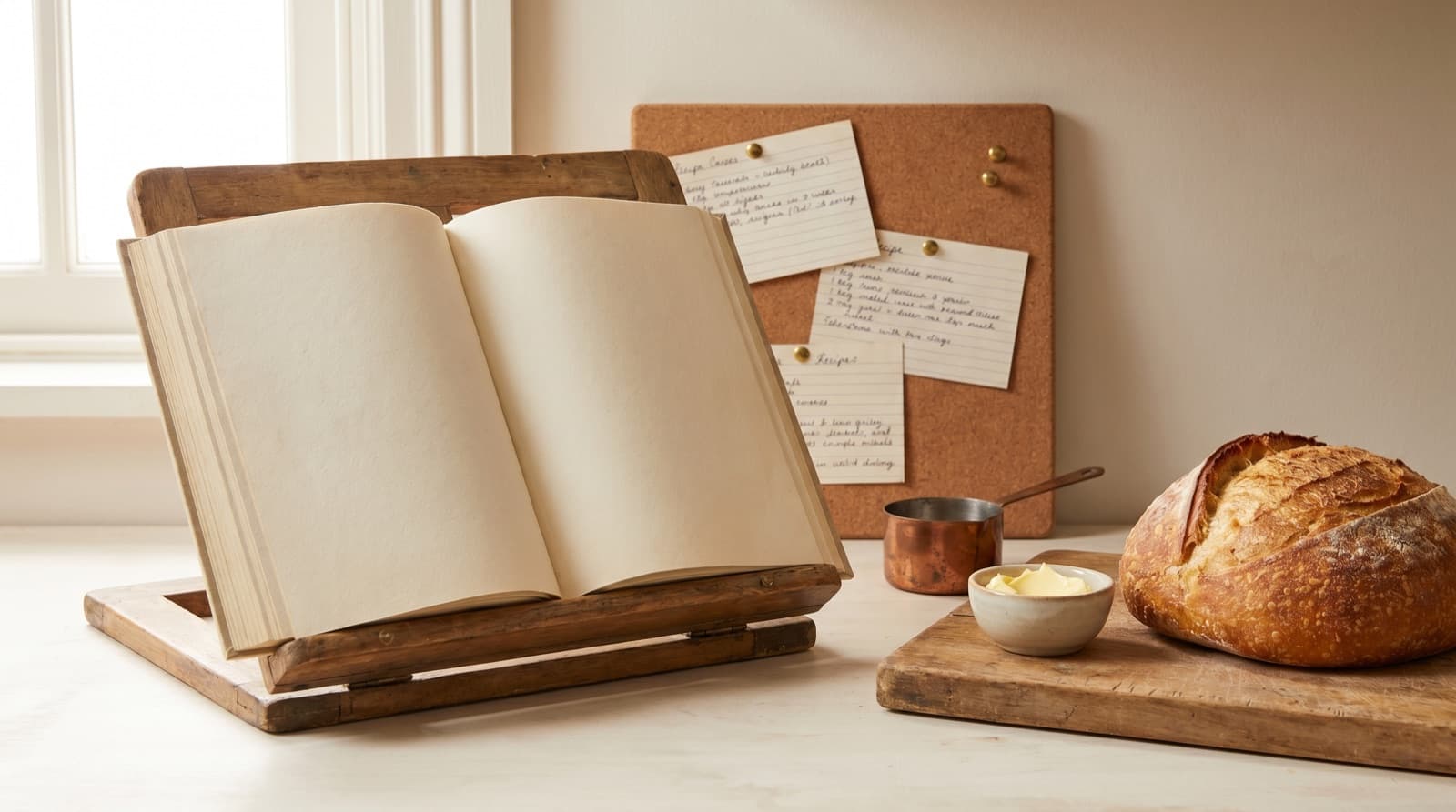 A vintage cookbook on a wooden cookbook stand with a cork pinboard of handwritten recipe cards behind it, fresh sourdough loaf and a copper measuring cup beside it, in a cosy kitchen library aesthetic