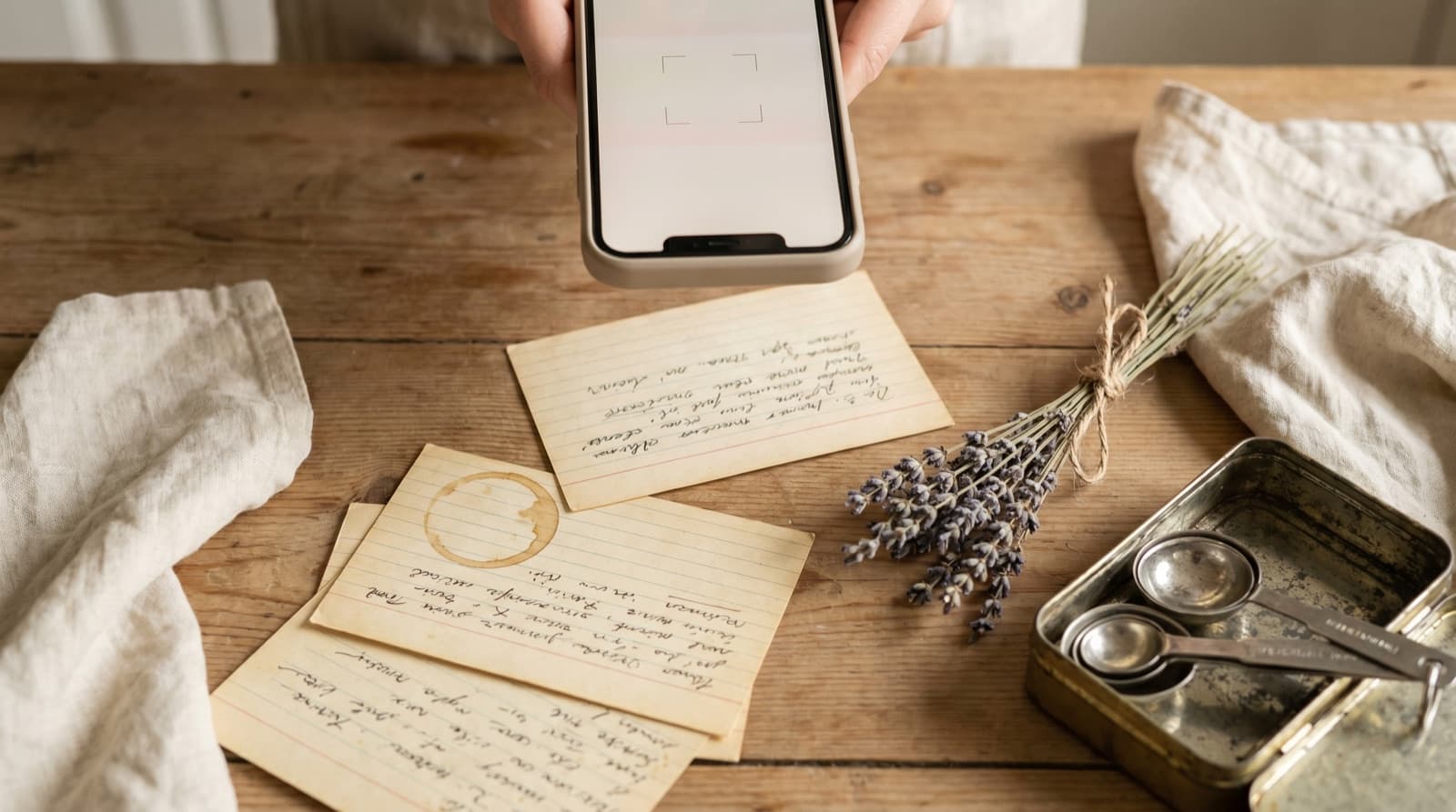 A weathered wooden tabletop with vintage handwritten recipe cards spread out, a smartphone hovering over one as if scanning it, and dried lavender and measuring spoons nearby