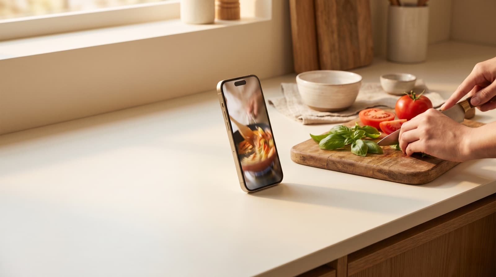 A modern smartphone propped vertically on a cream kitchen counter showing a cooking video, beside a wooden cutting board with fresh basil and tomatoes, in warm afternoon light