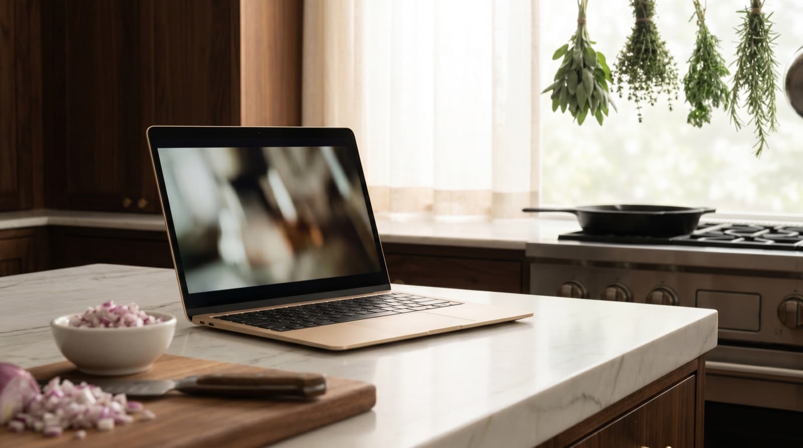 A slim laptop on a marble kitchen counter showing a cooking video, with chopped onions and a chef's knife on a wooden board in the foreground, herbs hanging in a softly blurred background
