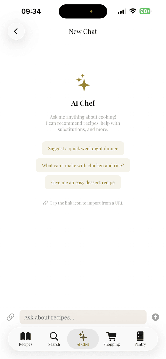 Pantree AI Chef chat screen suggesting dinner recipes based on pantry contents