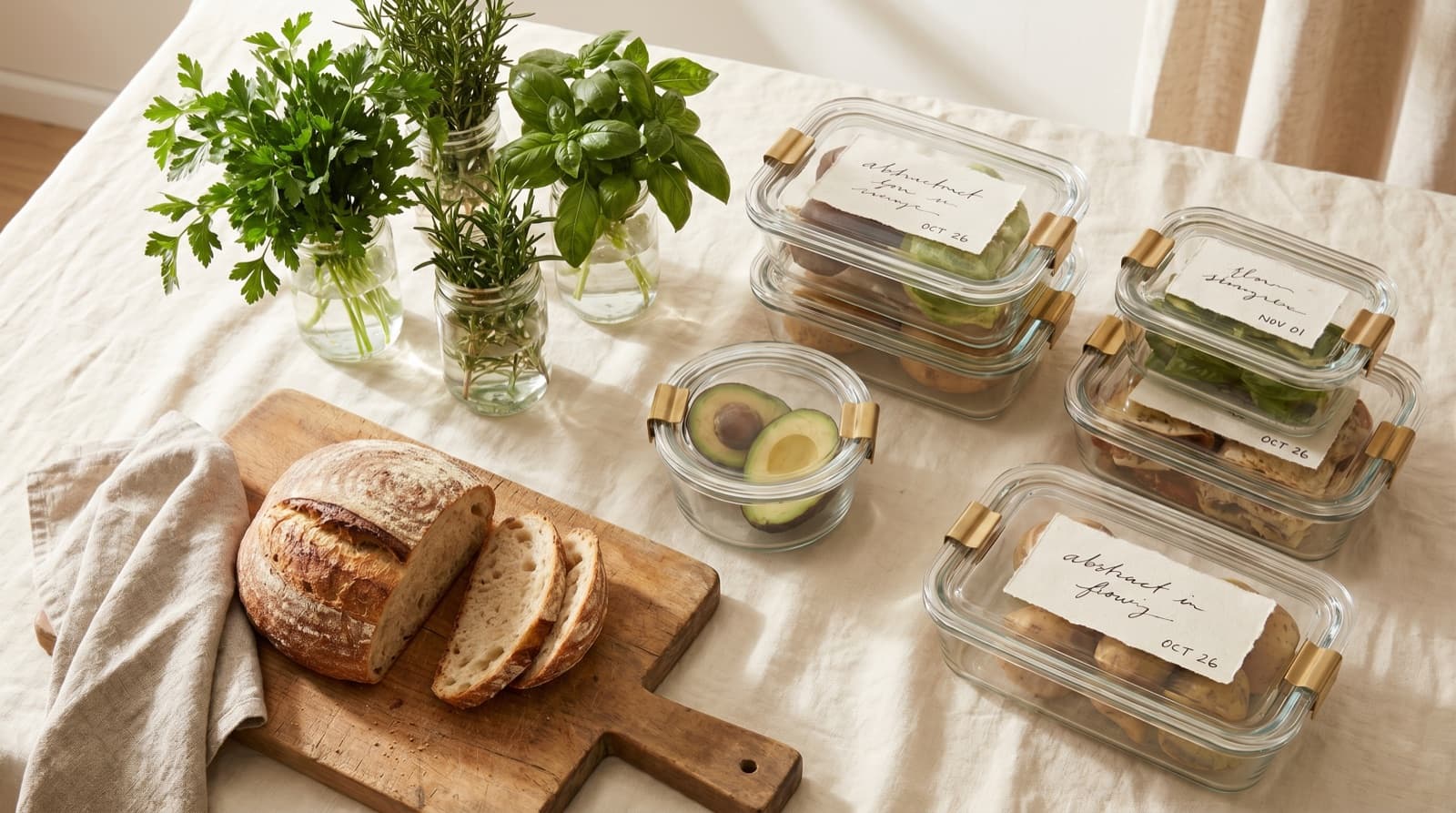 A composition demonstrating thoughtful food storage to reduce waste, fresh herbs in glass jars of water, a partially sliced sourdough loaf with a linen towel, dated glass storage containers and halved avocado