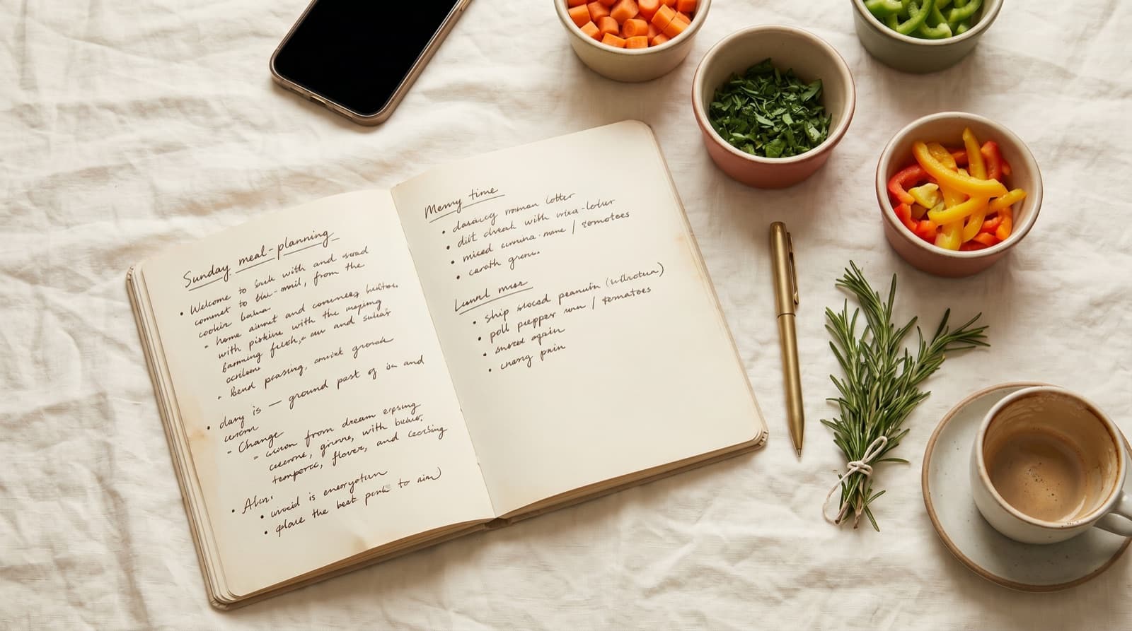 An overhead Sunday meal-planning flat-lay with an open notebook of handwritten lists, smartphone, prepped vegetables in ramekins, and coffee on cream linen