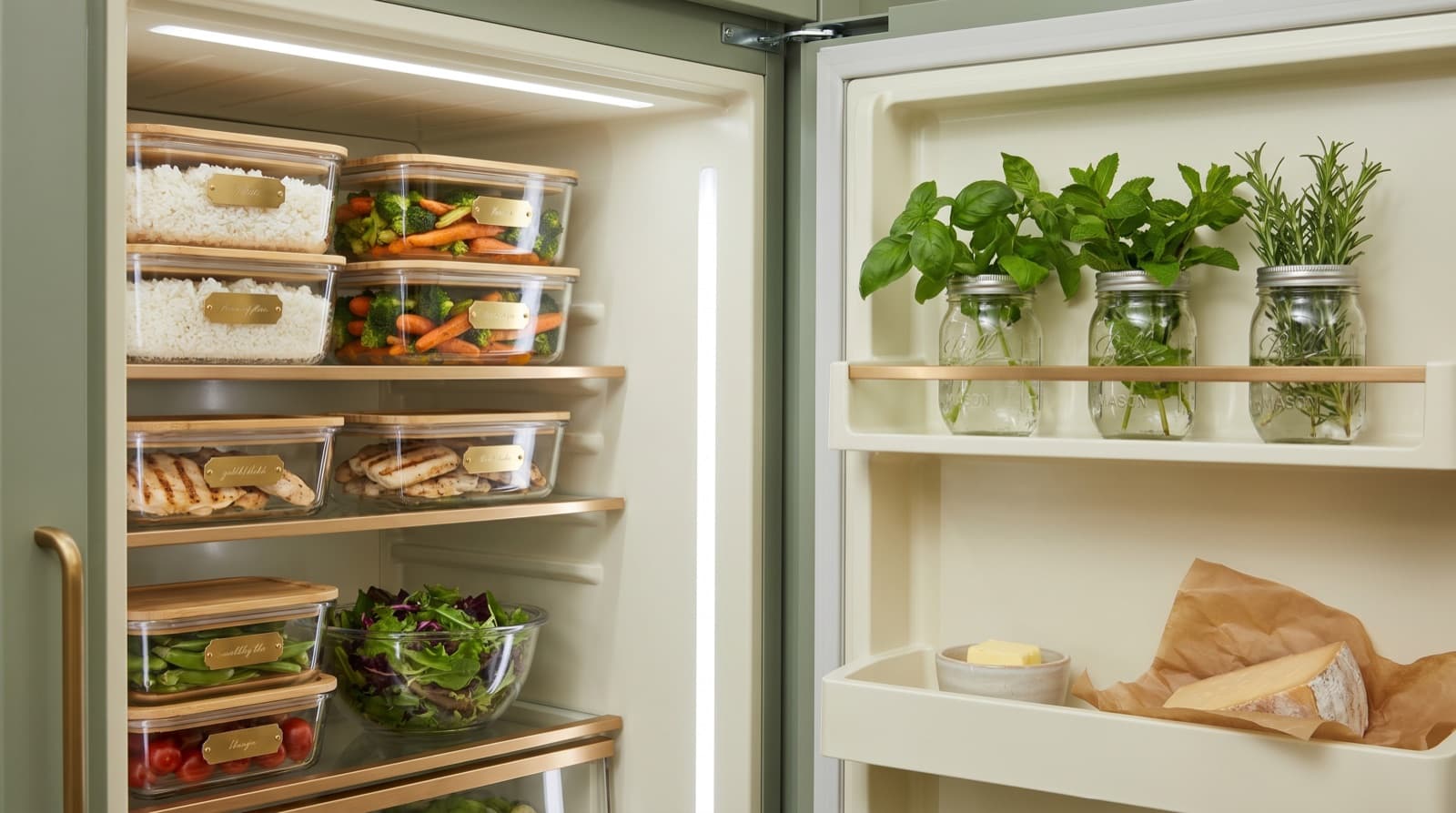 A beautifully organised refrigerator interior with glass containers of cooked rice, roasted vegetables, sliced chicken and salad, plus mason jars of fresh herbs in water