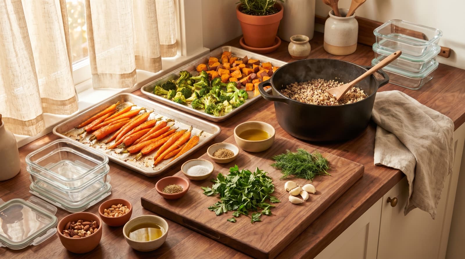 Trays of roasted vegetables, a pot of grains and prepped herbs on a kitchen counter beside storage containers