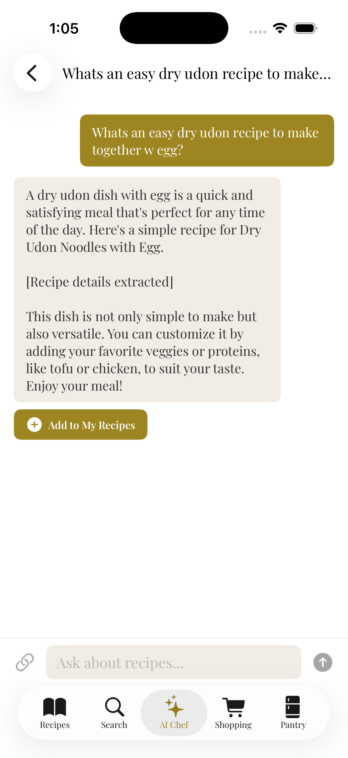Pantree AI Chef chat screen suggesting dinner recipes based on pantry contents