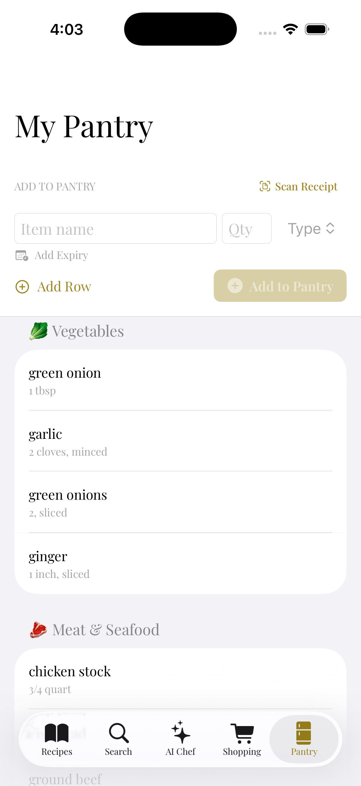 Pantree pantry tracker screen on iPhone listing ingredients with quantities and expiry dates