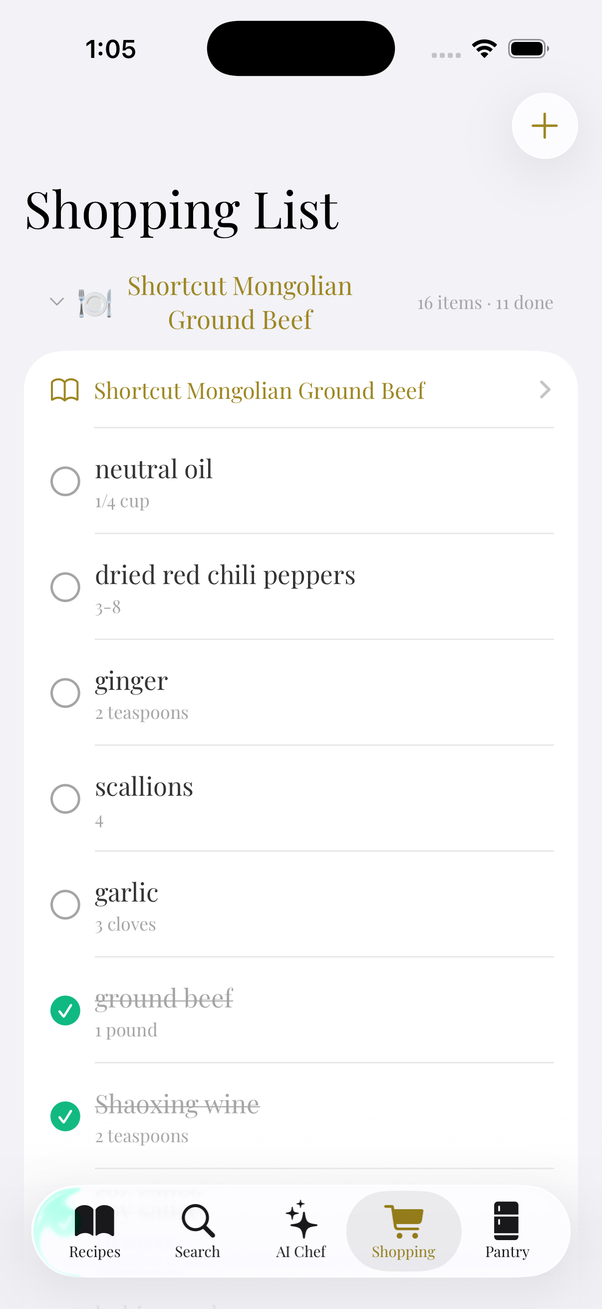 Pantree shopping list screen showing items auto-generated from saved recipes, grouped by aisle