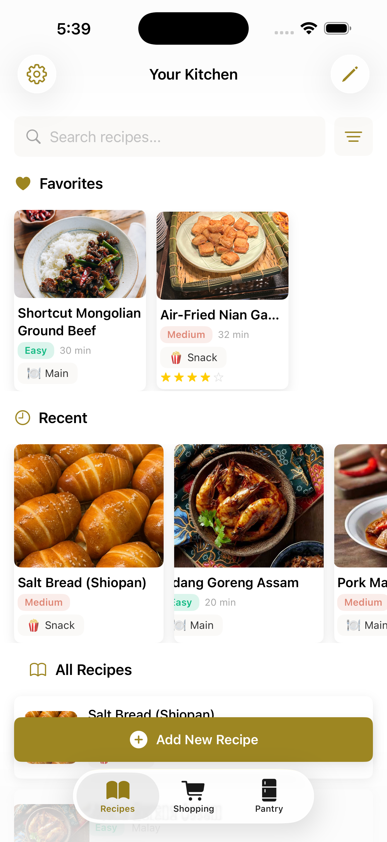 Your Kitchen view with favorites and recent recipes