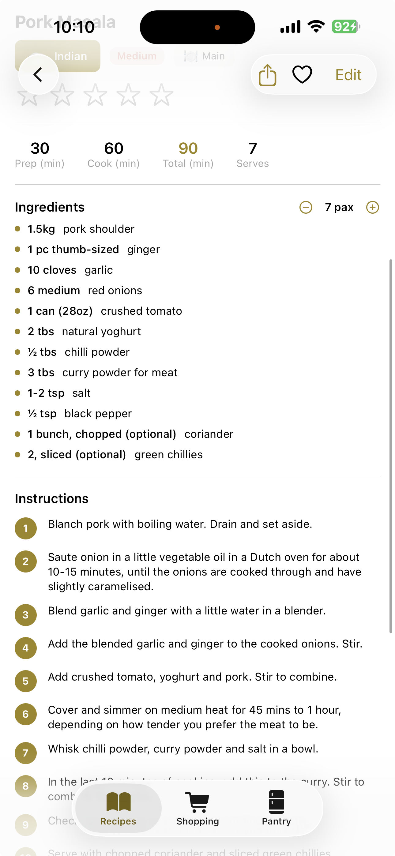 Recipe detail view with ingredients and instructions
