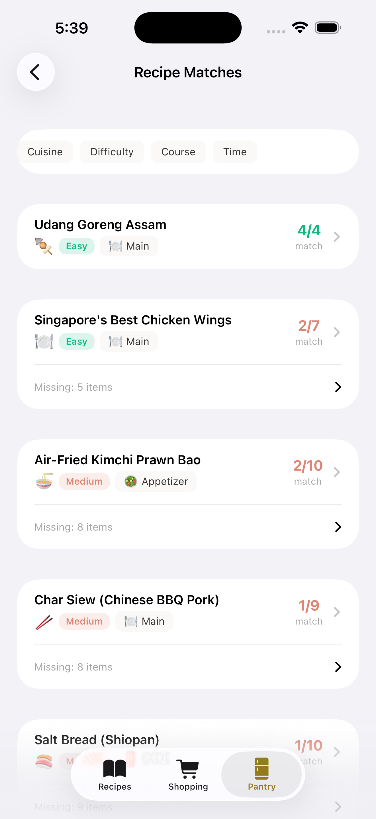Recipe matches based on pantry items
