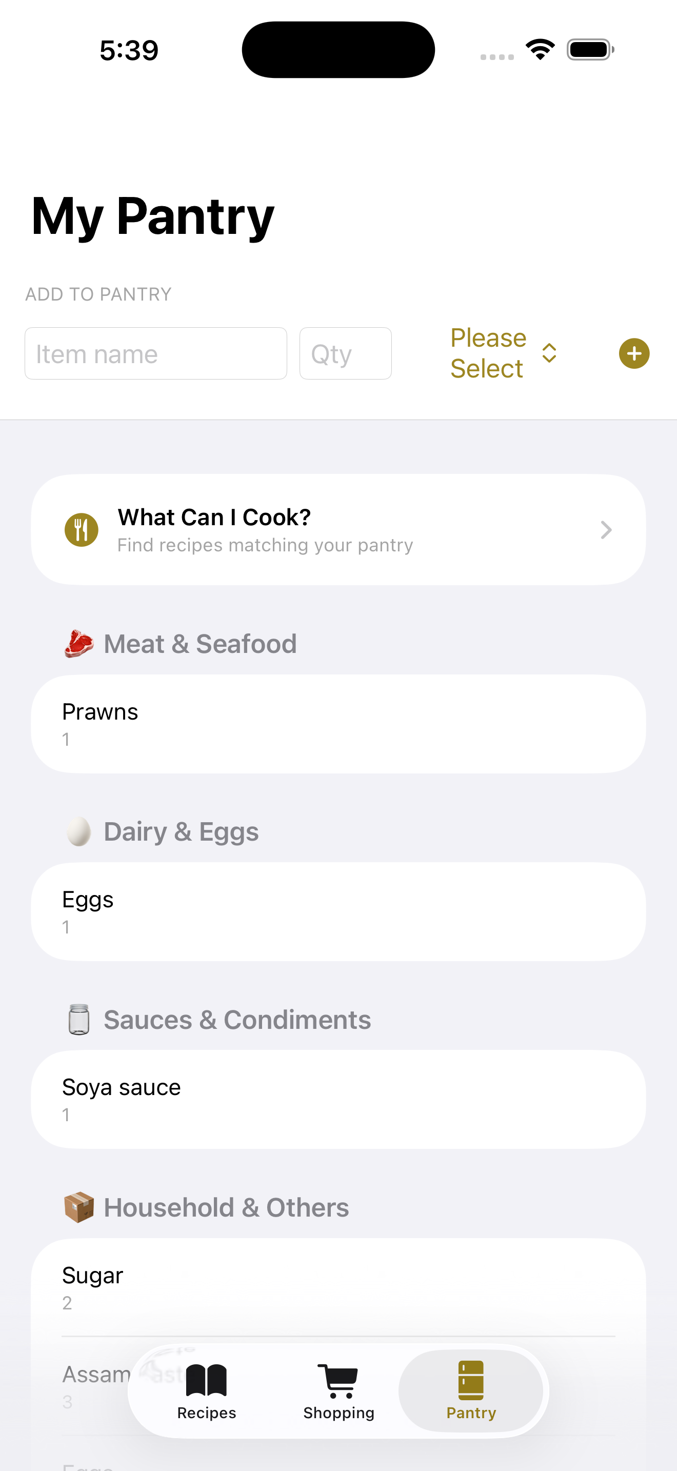 My Pantry tracking ingredients