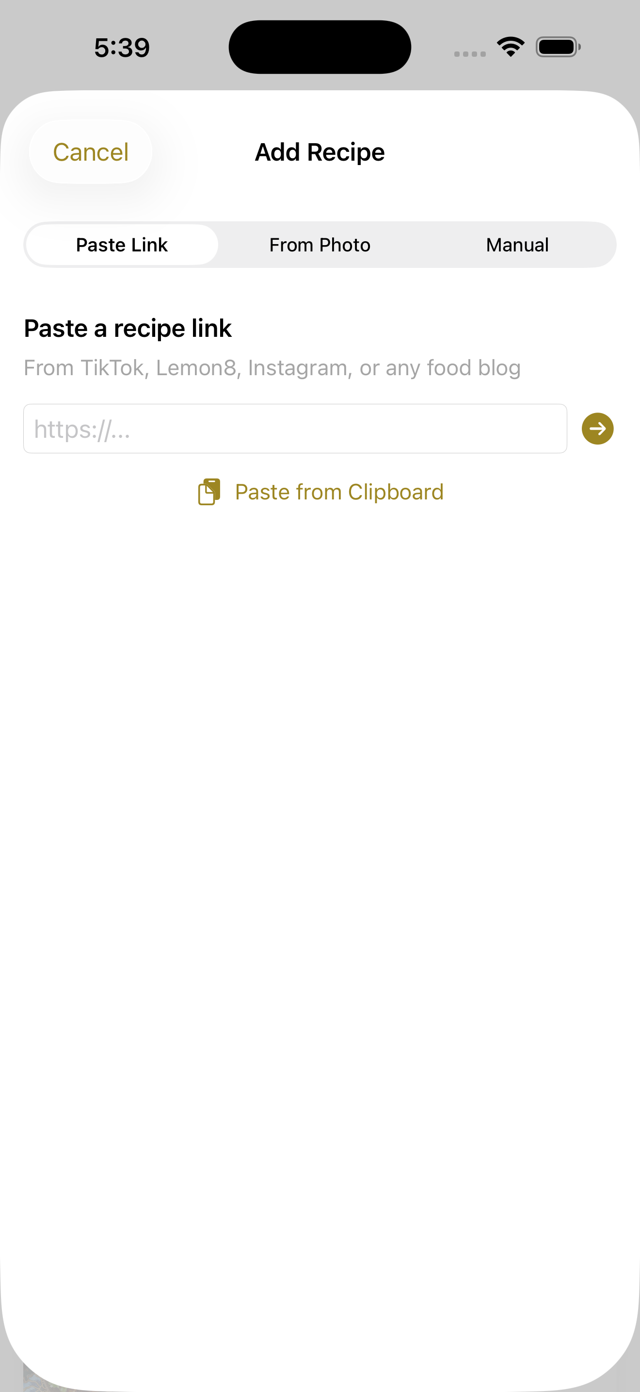 Add recipe by pasting a link